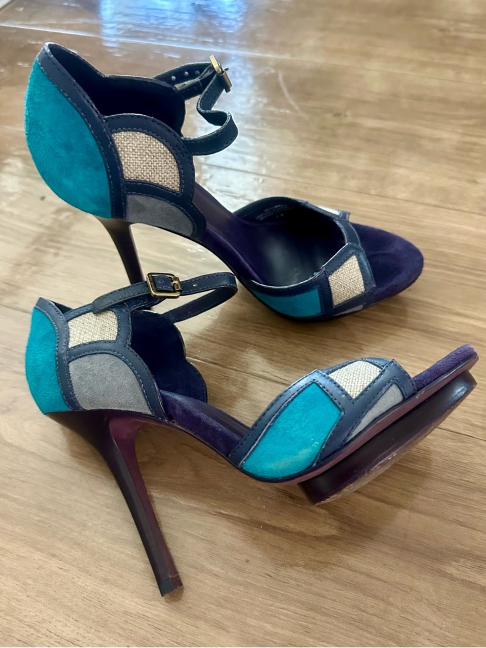 Tory Burch Teal and Purple Suede Patchwork Ankle-Strap Heels
